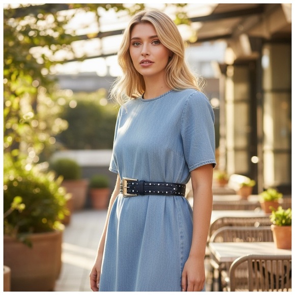 Escada Women’s Navy Leather Belt w/ White Stars & Silver Buckle. 33” x 1.5” - Picture 4 of 13